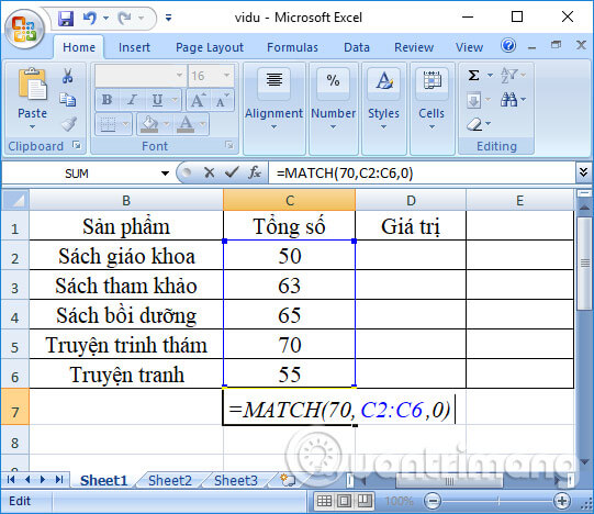 hàm MATCH trong Excel 