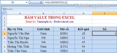 Hàm VALUE trong Excel