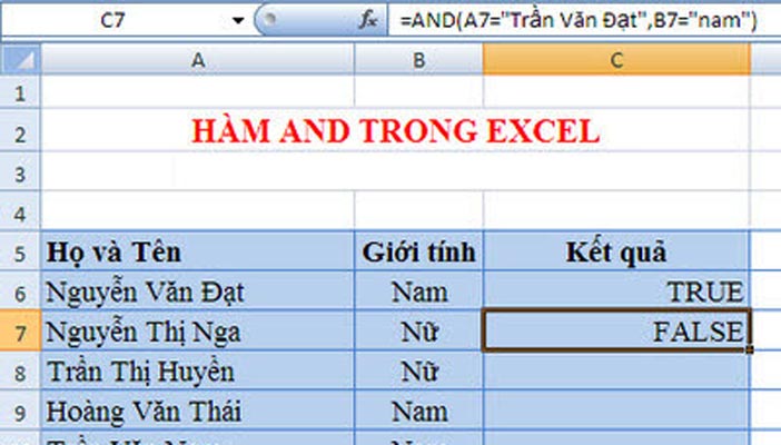 cách sử dụng hàm AND trong Excel