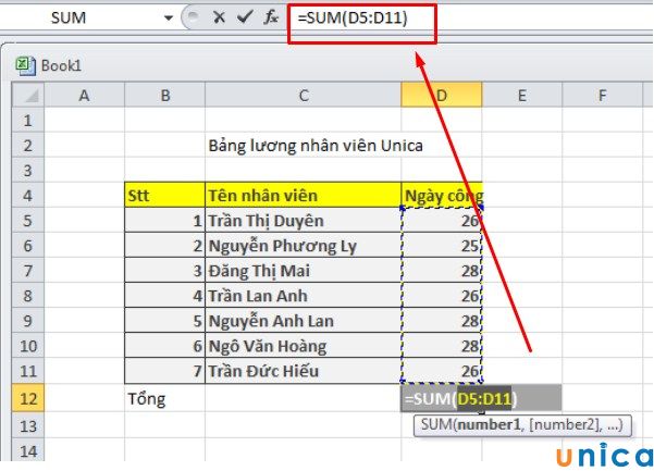 Ví dụ các phím tắt tính tổng trong Excel