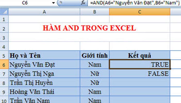 sử dụng hàm and trong excel