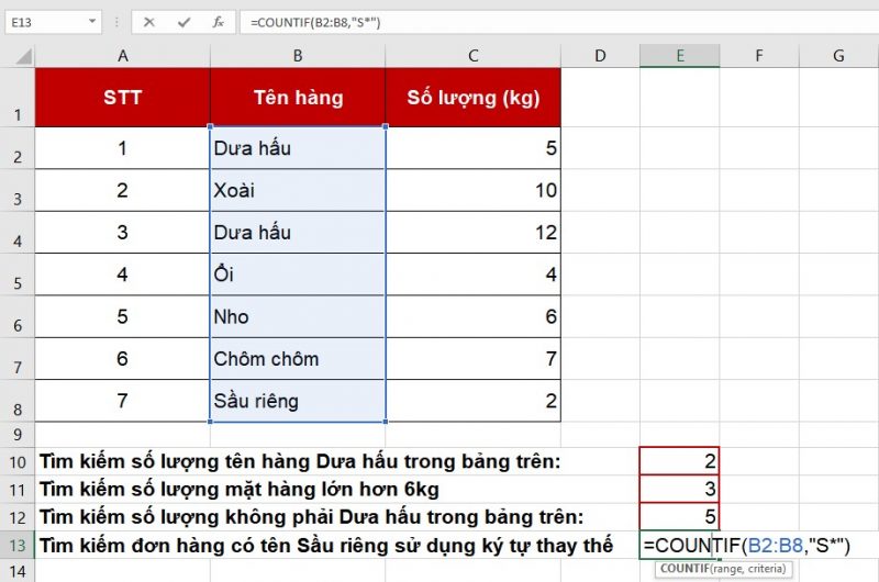 VD 4: Dùng hàm COUNTIF tìm kiếm đơn hàng có tên Sầu riên
