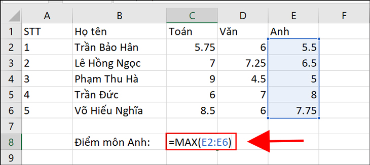Bạn nhập =MAX(E2:E6) vào ô hiển thị kết quả.
