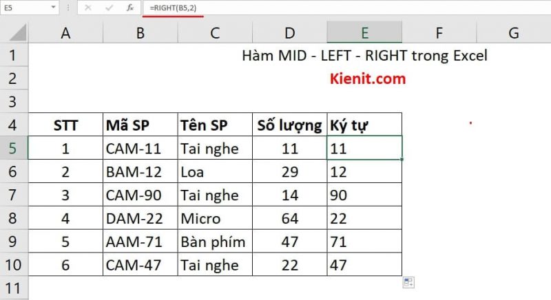Cách sử dụng hàm RIGHT trong Excel