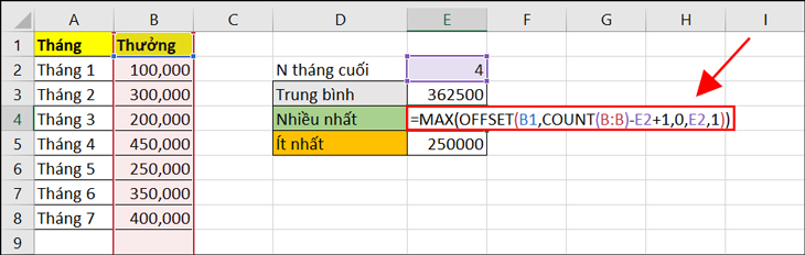 Bạn nhập =MAX(OFFSET(B1,COUNT(B:B)-E2+1,0,E2,1)).