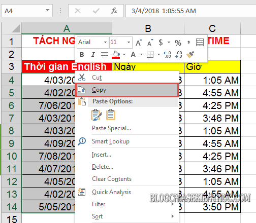 Cách tách ngày tháng năm và giờ trong Excel