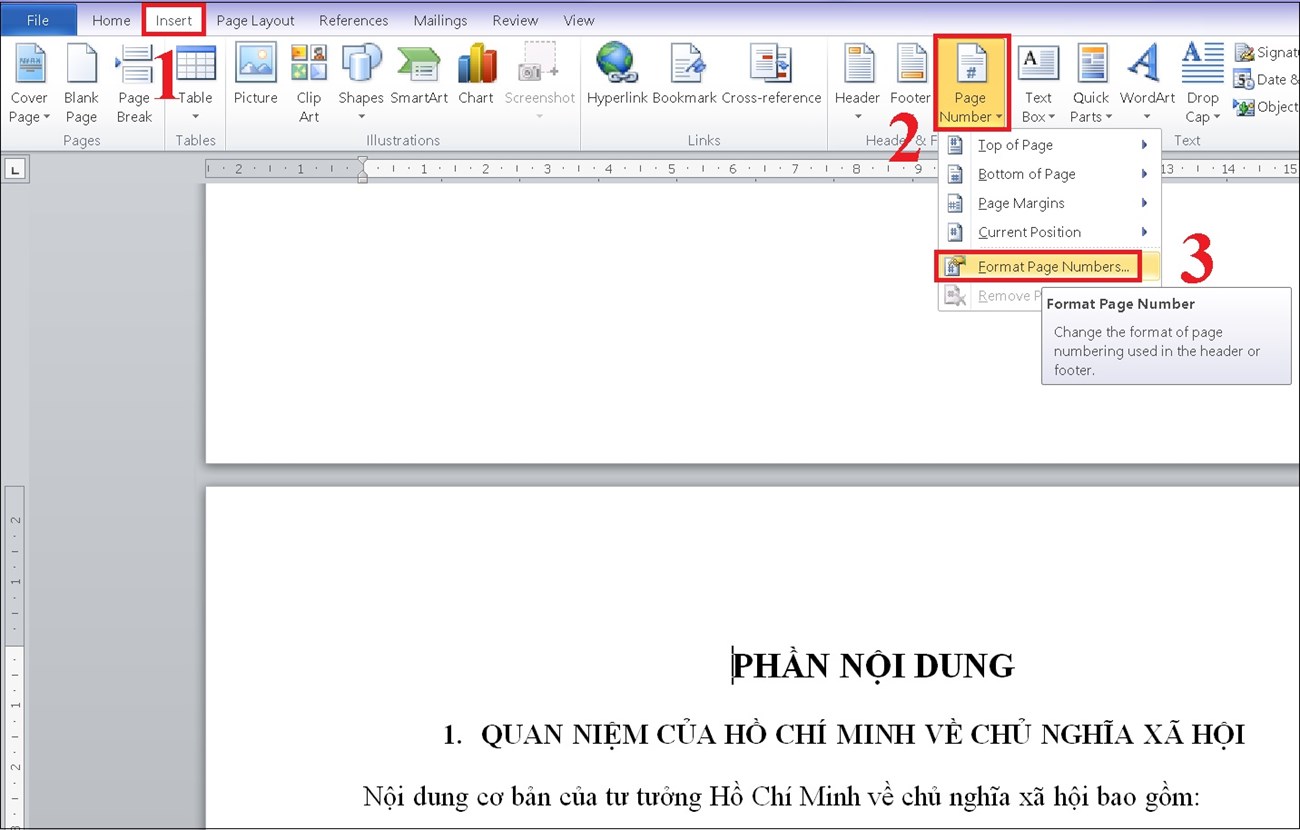 Chọn Insert -> Page numbers -> Format page numbers.