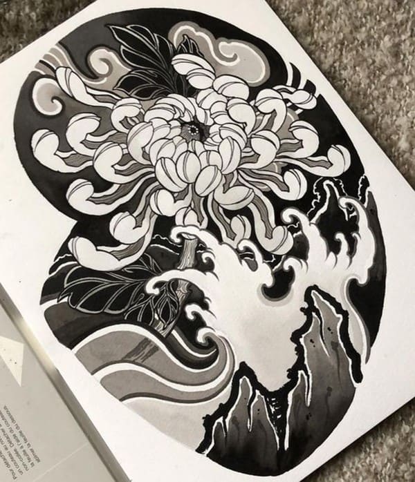 Black and white chrysanthemum tattoo