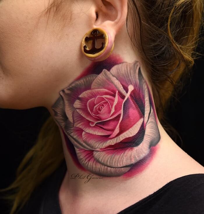 Hình Tattoo hoa hồng ở cổ