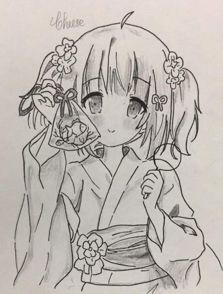 Tranh vẽ anime đẹp cô bé chơi với cá