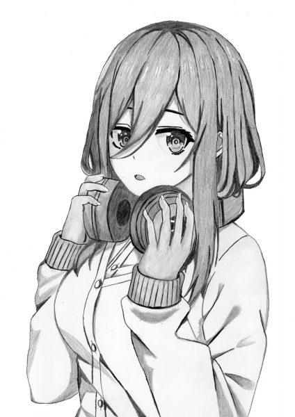Tranh vẽ anime đẹp nữ sinh cầm tai nghe