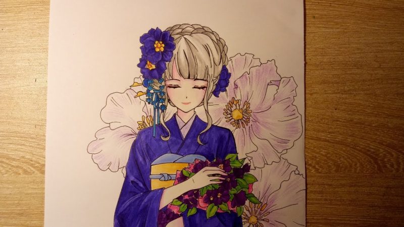 Vẽ tranh anime đẹp cô gái cài hoa