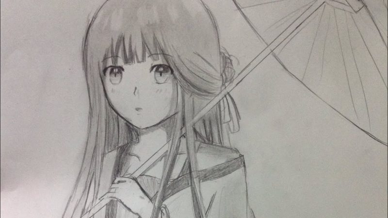 Vẽ tranh anime đẹp cô gái cầm dù