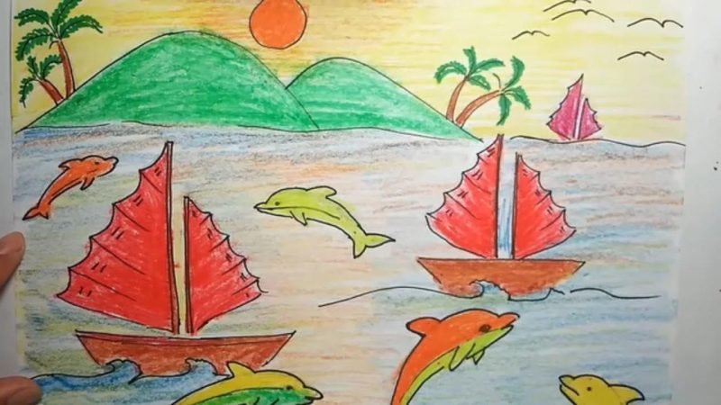 vẽ tranh tự chọn cá heo bơi lội quanh thuyền