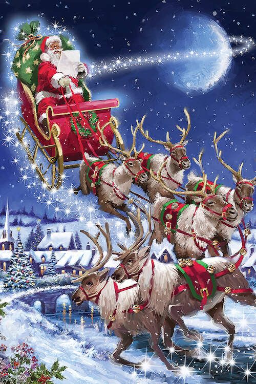Santa's Sleigh Team USA Canvas Art Print by The Macneil Studio | iCanvas |  Animated christmas, Christmas scenery, Christmas paintings