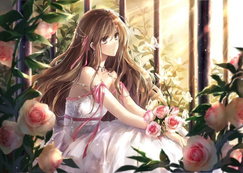 ảnh anime nữ bên vườn hoa