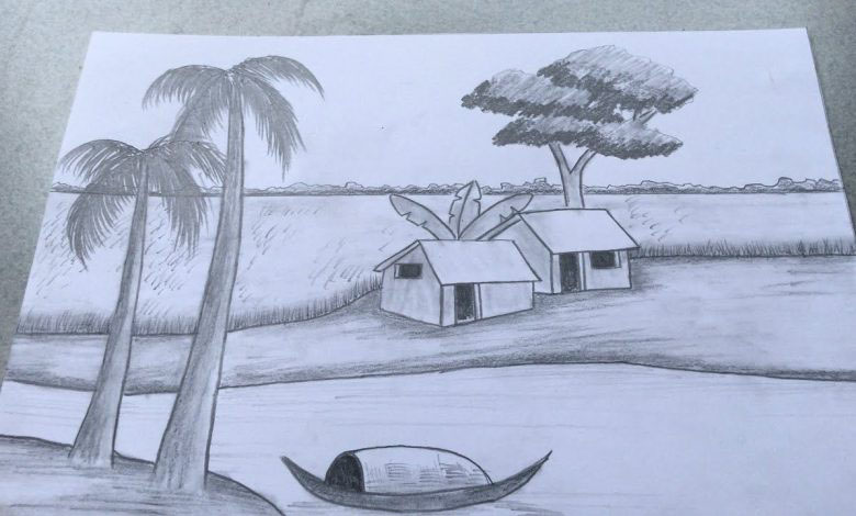 Vẽ tranh phong cảnh làng quê bằng bút chì đơn giản mà đẹp