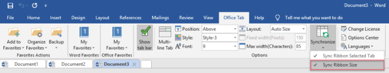 Tính năng đồng bộ kích thước ribbon mới trong Office Tab