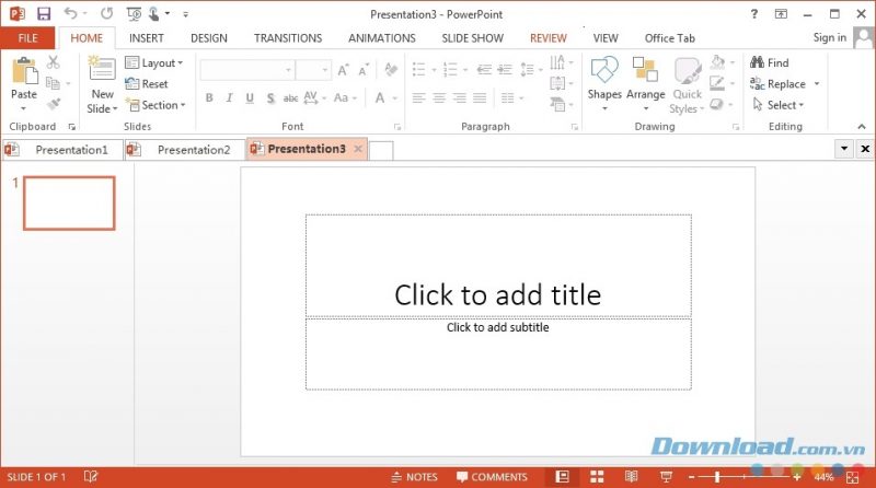 Giao diện Microsoft PowerPoint sau khi cài đặt Office Tab