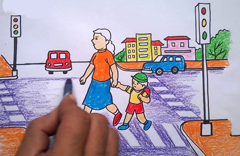 Vẽ tranh đề tài an toàn giao thông đi đúng làn đường