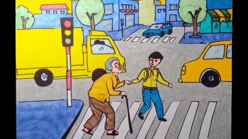 Vẽ tranh đề tài an toàn giao thông học sinh dắt người lớn tuổi sang đường