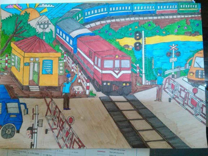Vẽ tranh đề tài an toàn giao thông tuân thủ quy định làn đường sắt