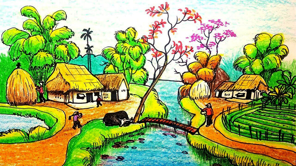 vẽ tranh phong cảnh làng quê